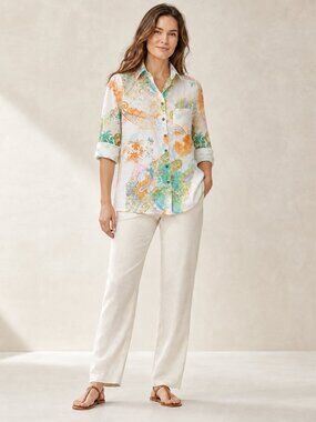 ZODIAC Women's 100% Linen Shirt Size 40 Multicolor Paisley Floral Long Sleeve